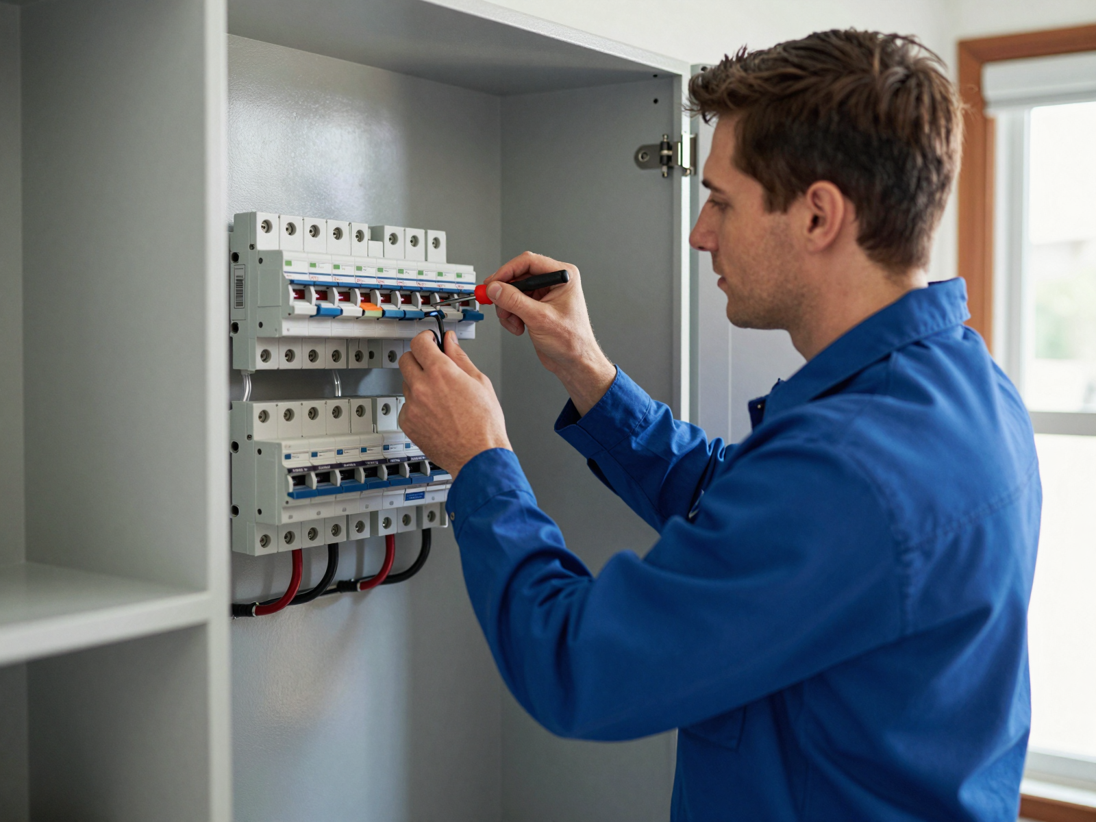 Electrician installing circuit breaker panel in residential home